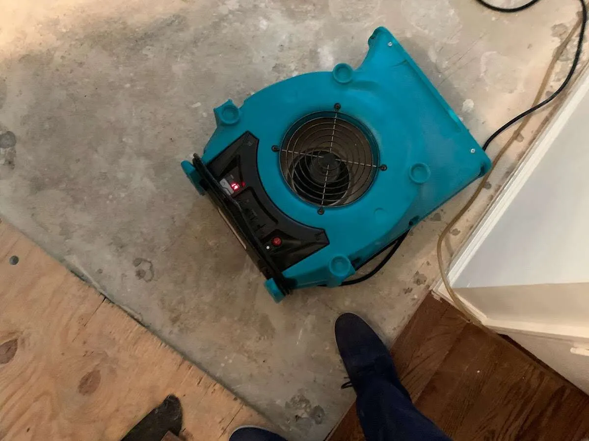 Air mover drying subfloor during Commercial Water Damage Restoration in Garwood